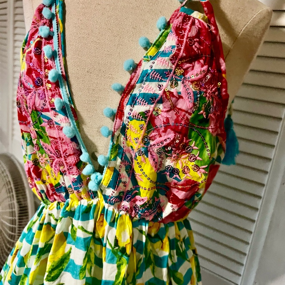Vibrant Floral & Lemon Print Sundress with Pom Trim - Picture 2 of 6